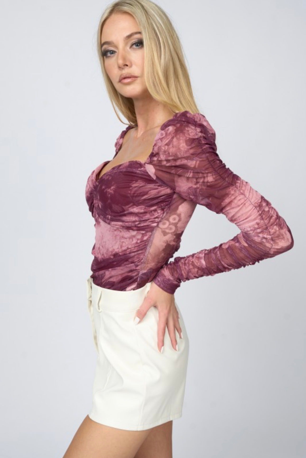 Floral Sweetheart Ruched Long Sleeve Bodysuit