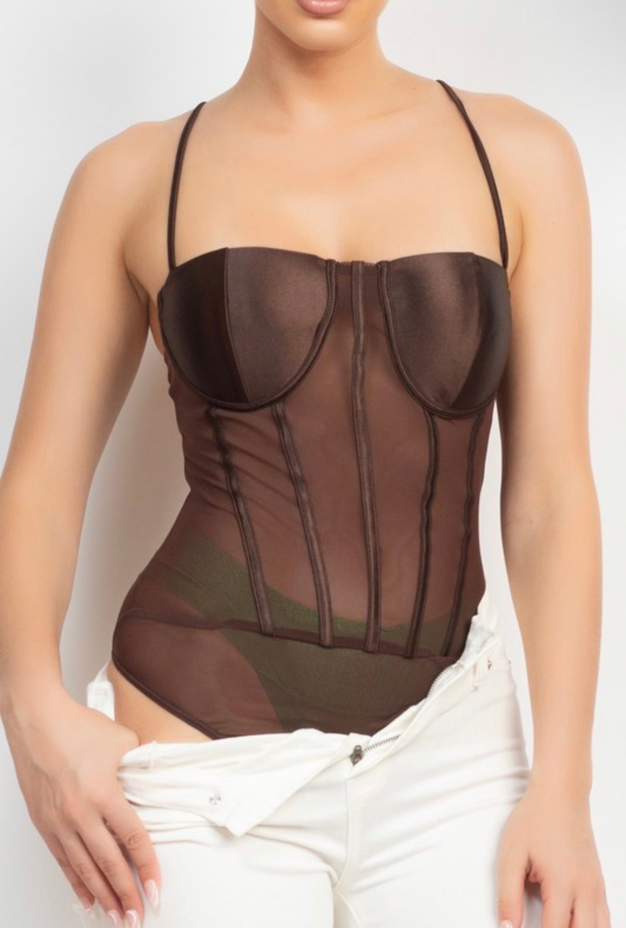 Mesh Corset Bodysuit with Satin Cups