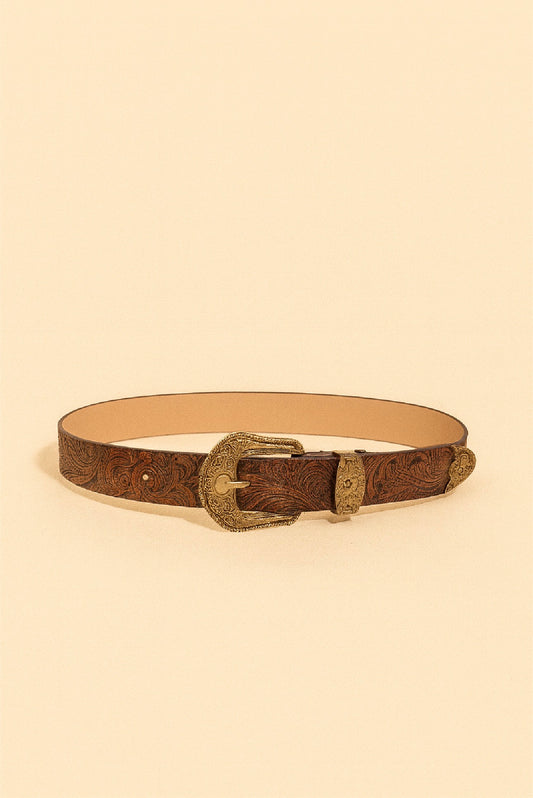 Western Bronze Embossed  Belt with Bronze Buckle