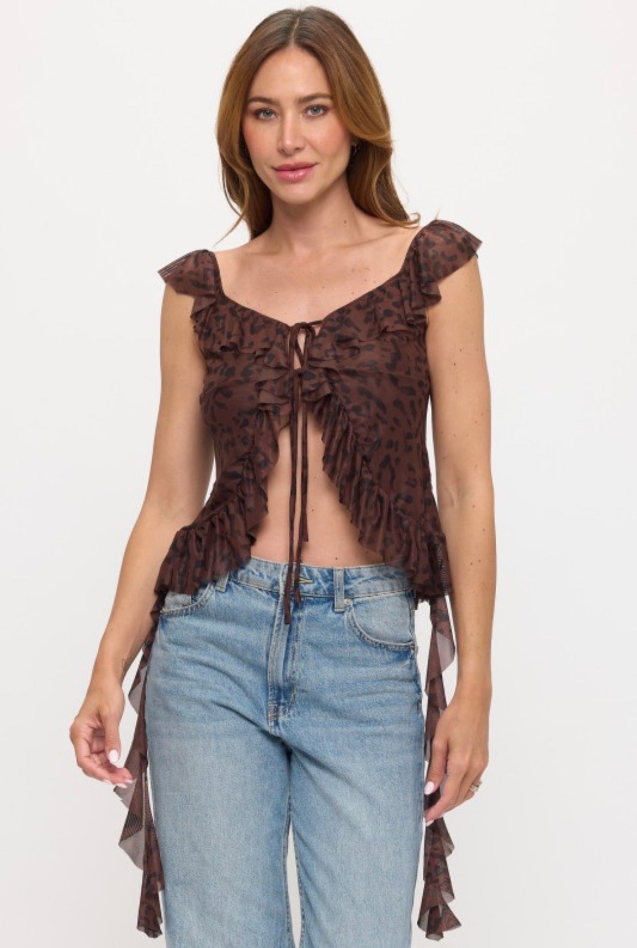 Leopard Ruffled Trim with Lace Tie Front Top