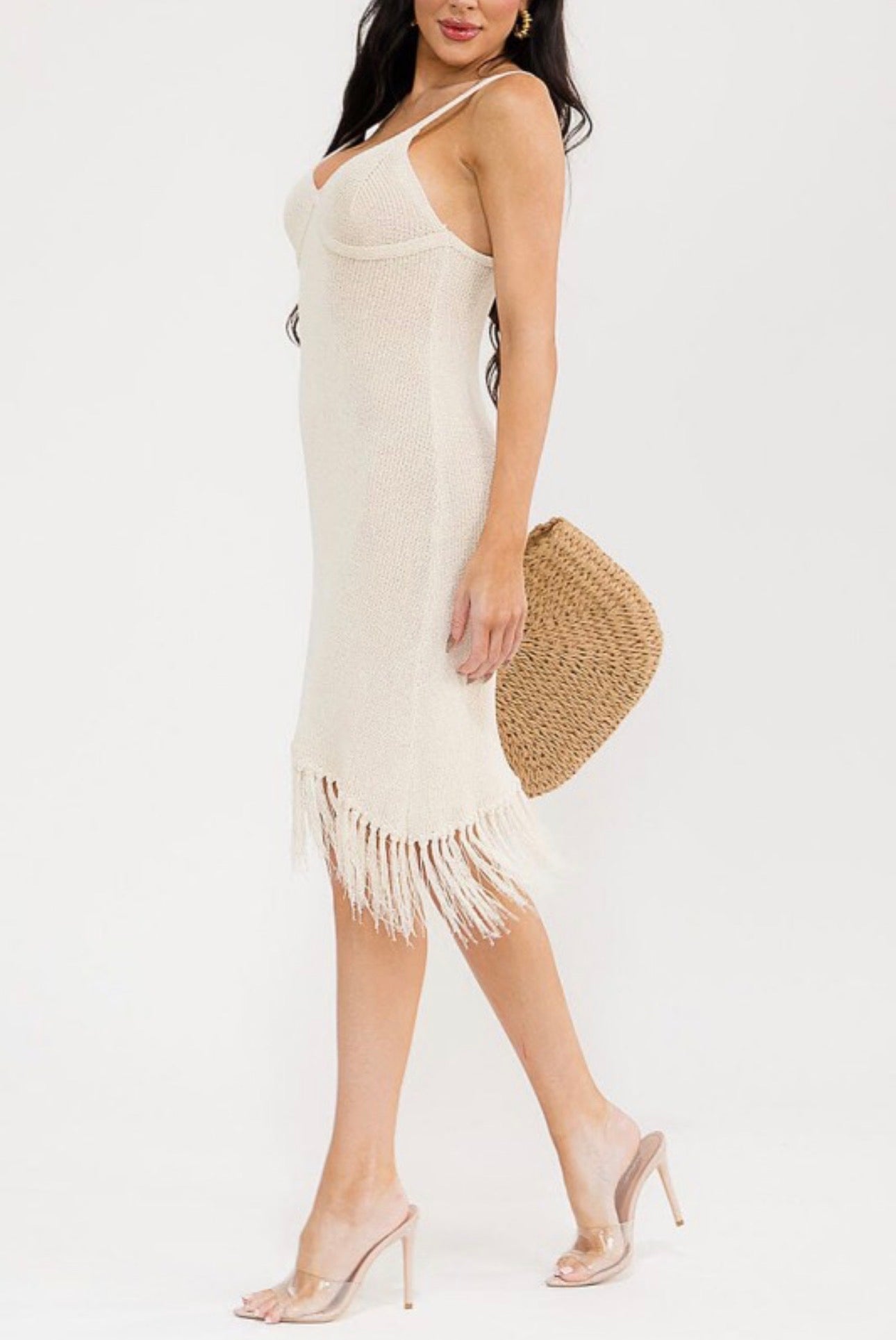 Knit V-neck Midi Tassel Hem Dress