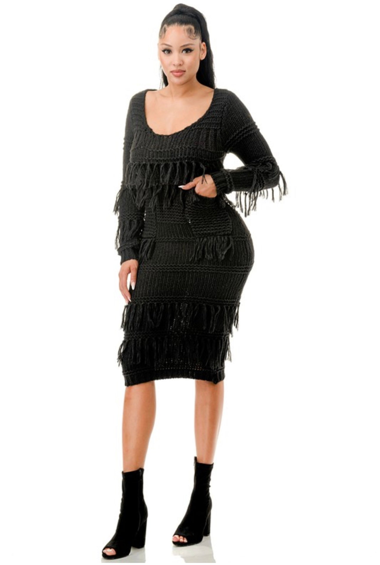 Tassel Crochet Scoop Maxi Sweater Dress