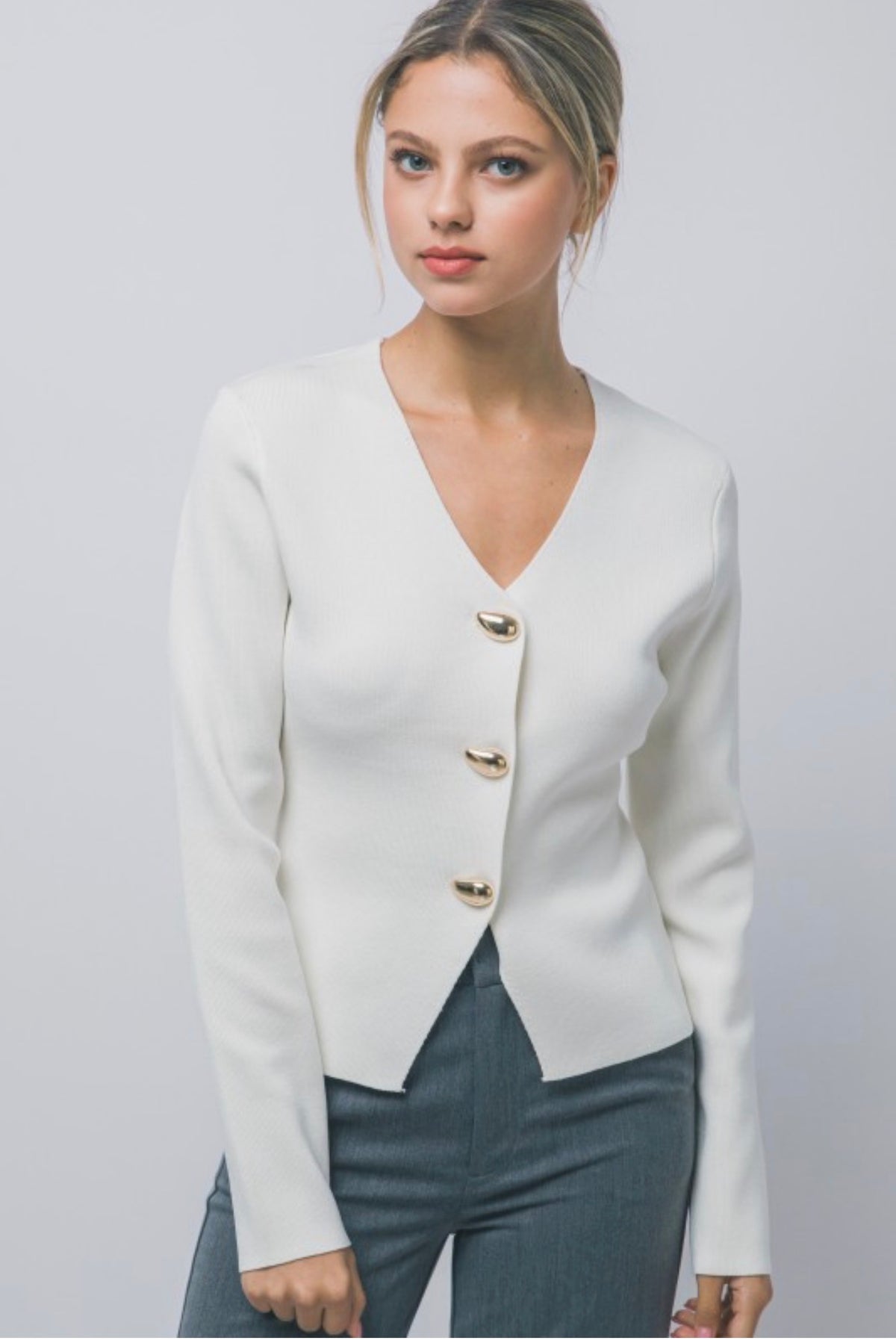 Split Front Ribbed Gold Button Front Cardigan