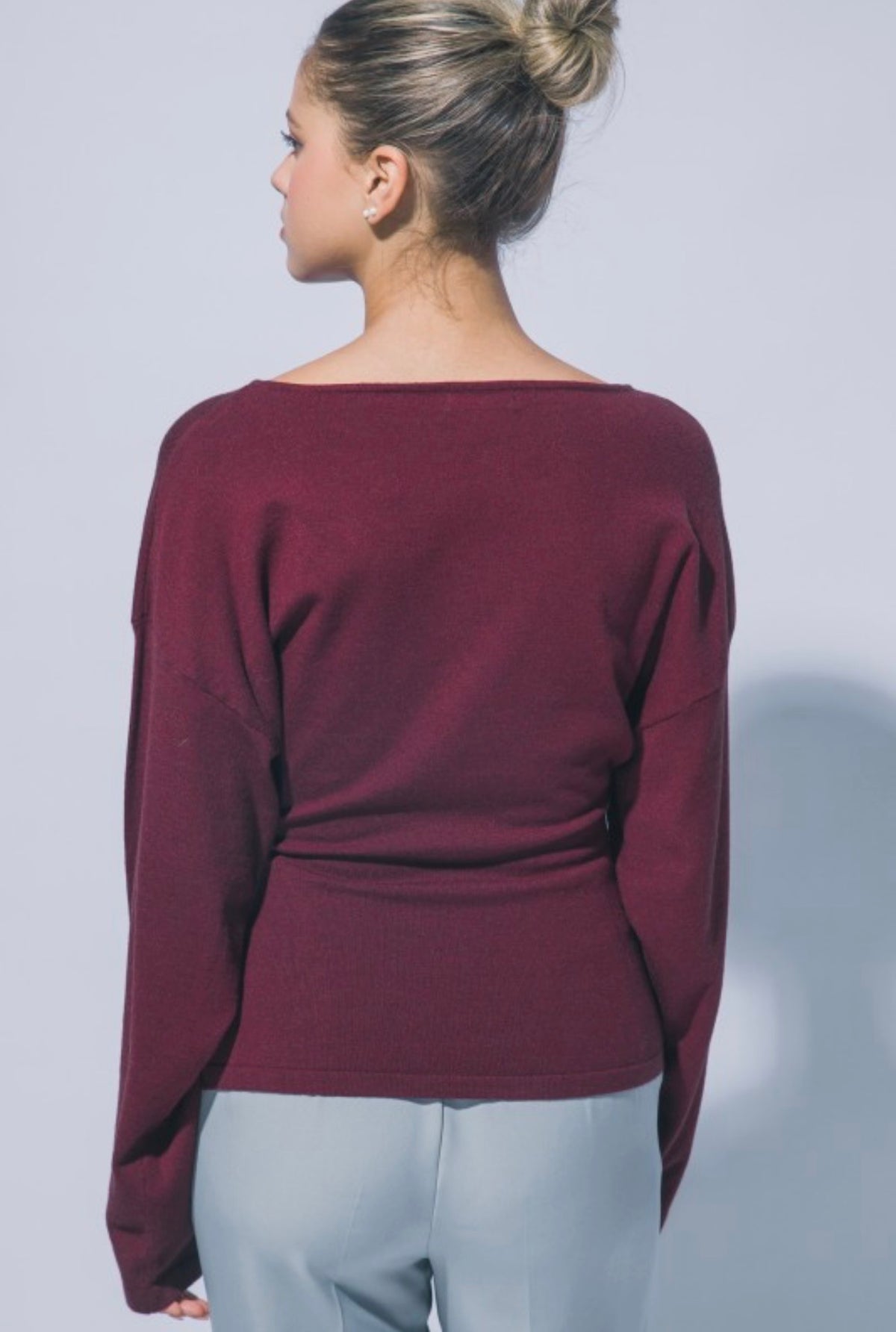 Boat Neck Long Sleeve Ruched with Gold Accent