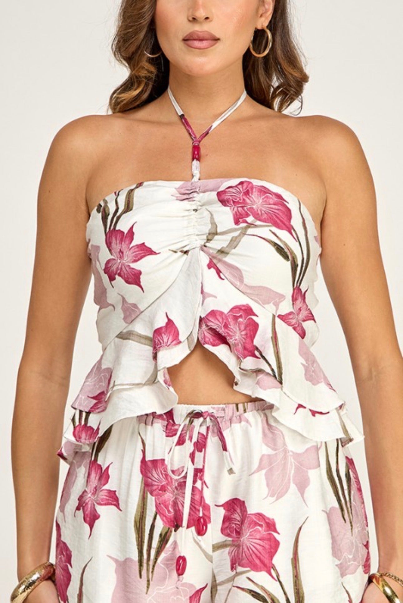 Berry Floral Tie Halter and Flow Shorts Set
