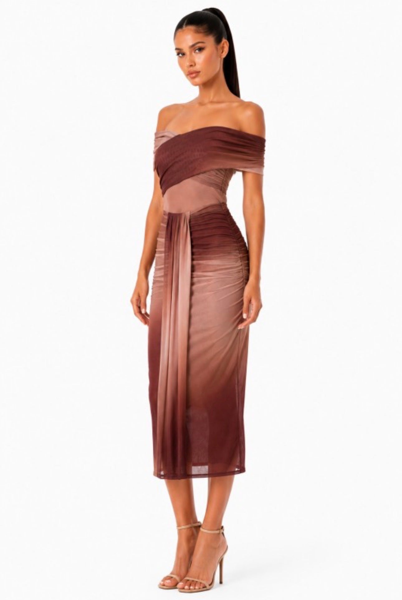 Nude Drape Mesh Maxi Ruche Dress