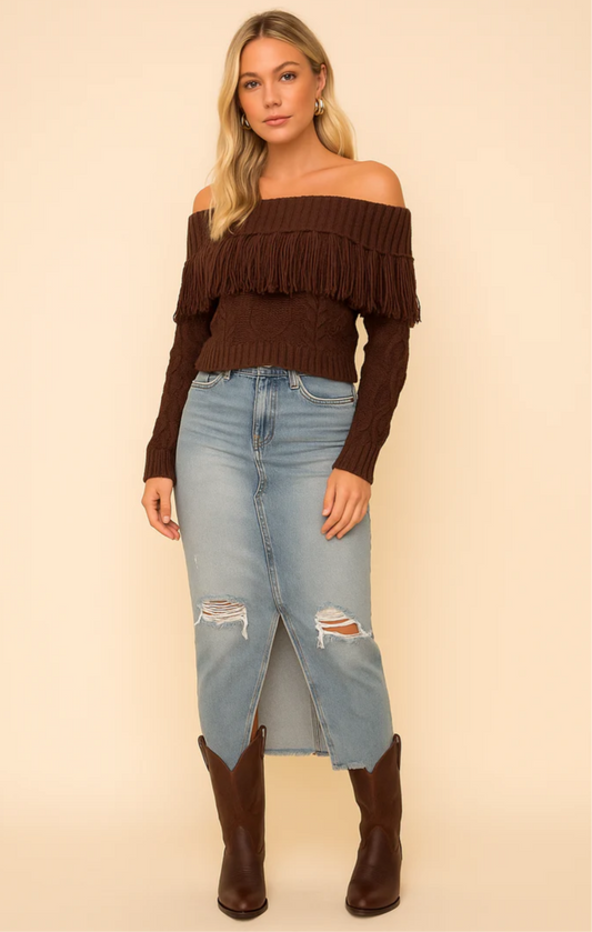 Fringe Off Shoulder Crop Cable Knit Sweater