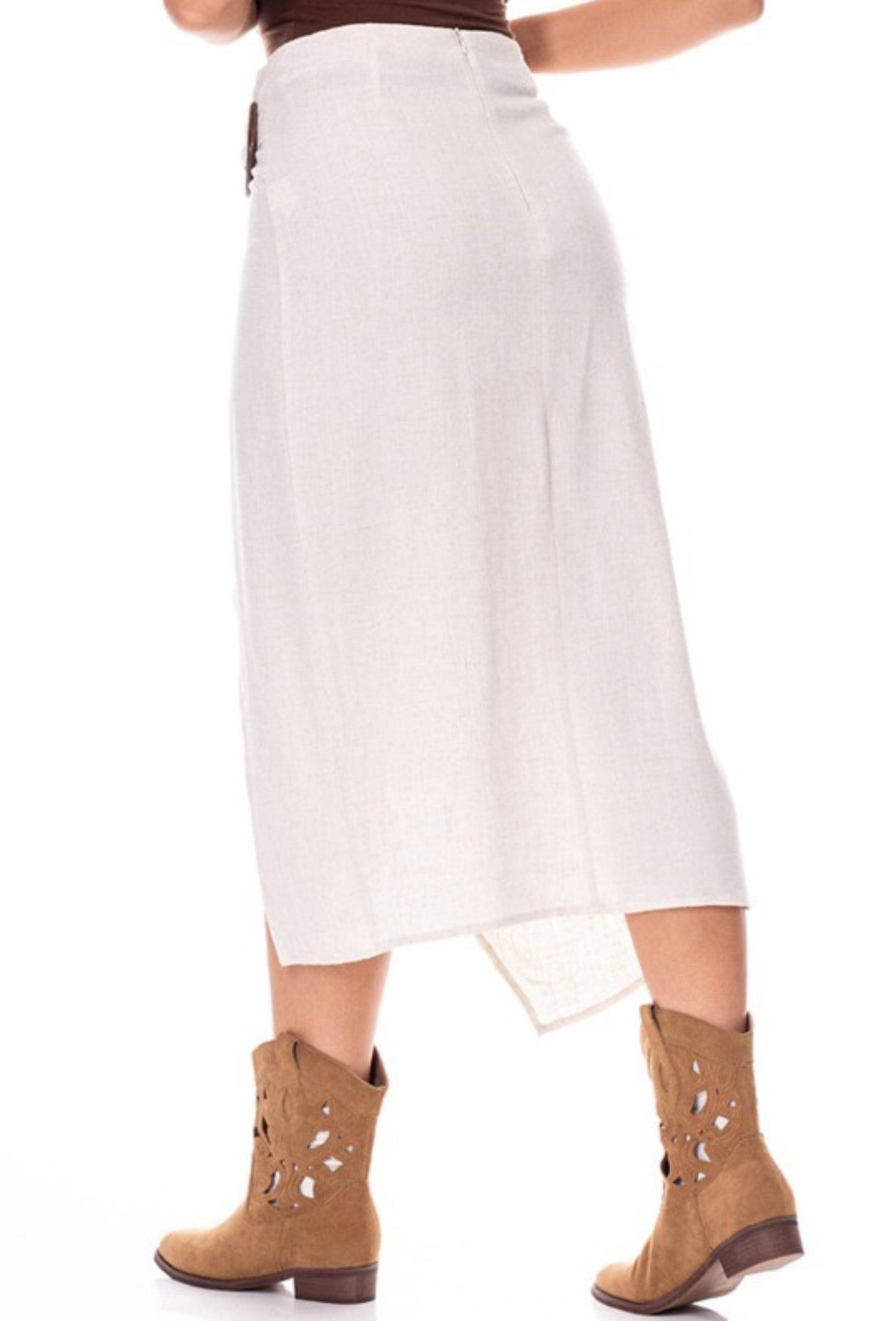 Linen Midi Skirt with Wooden Accent