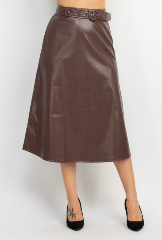 Belted Faux Leather A-line Midi Skirt