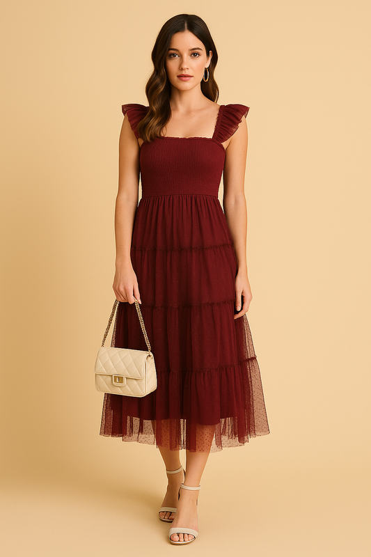 Polka Dot Ruffled Tiered Mocked Bodice Midi Dress