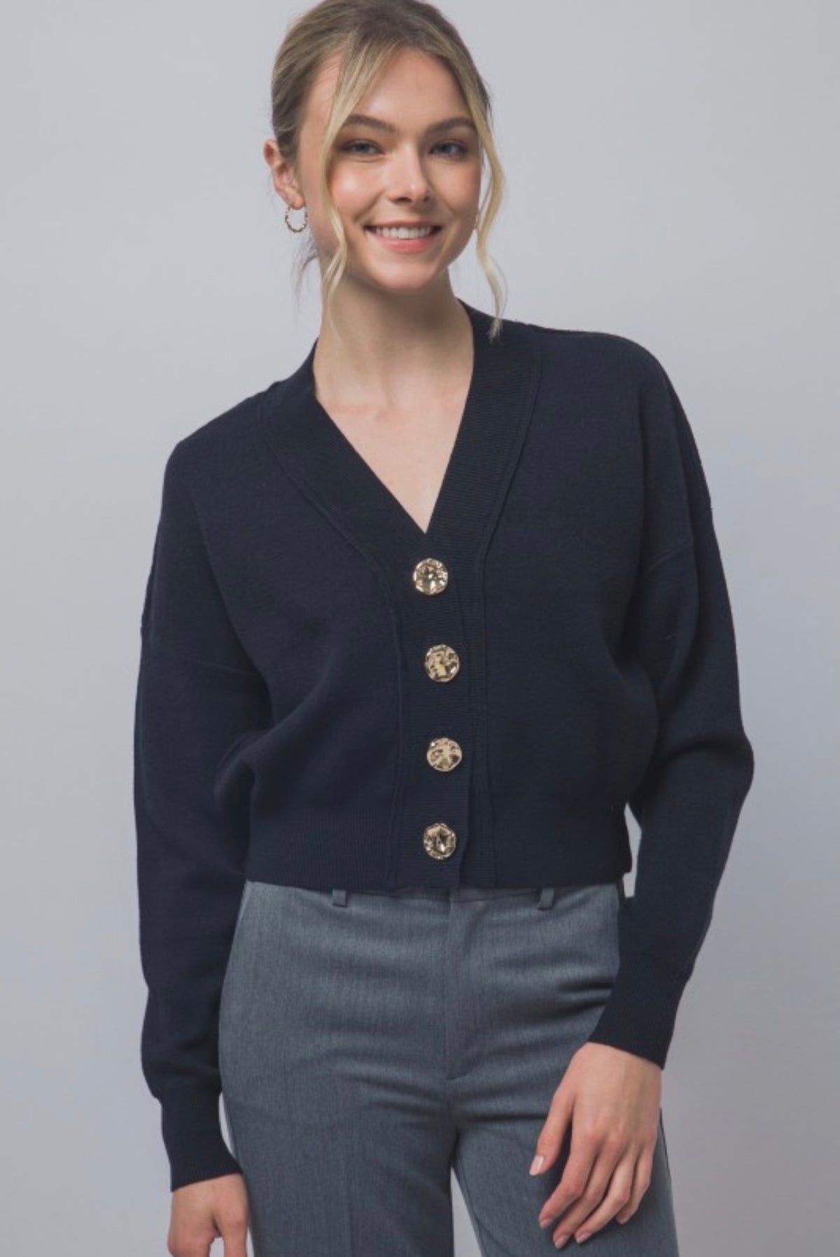 V Neck Cardigan with Gold Abstract Buttons