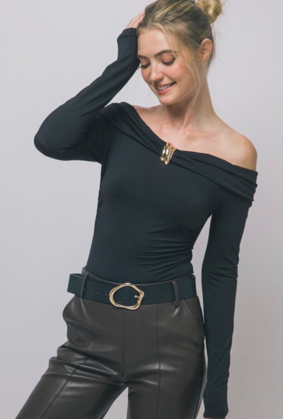 Off-the-Shoulder Front Gold Twist Long Sleeve Bodysuit