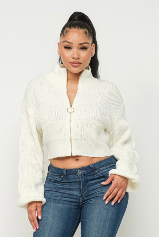 Bubble Sleeve Knit Zip-Up Sweater