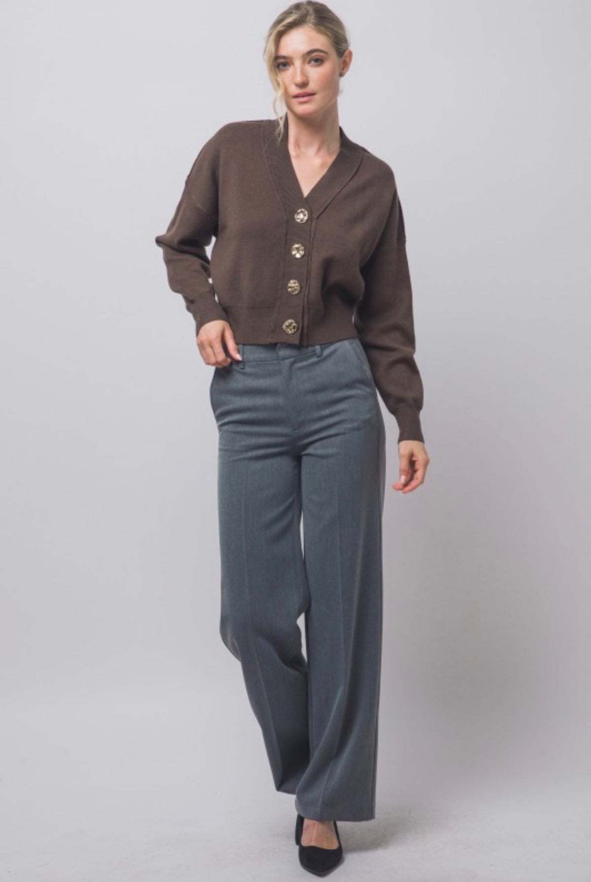 V Neck Cardigan with Gold Abstract Buttons