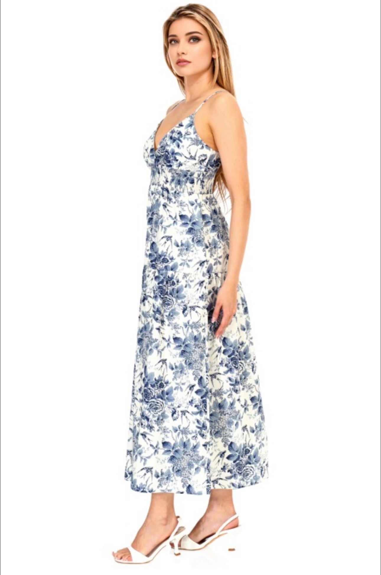 Delft Blue Floral V Neck Maxi Dress
