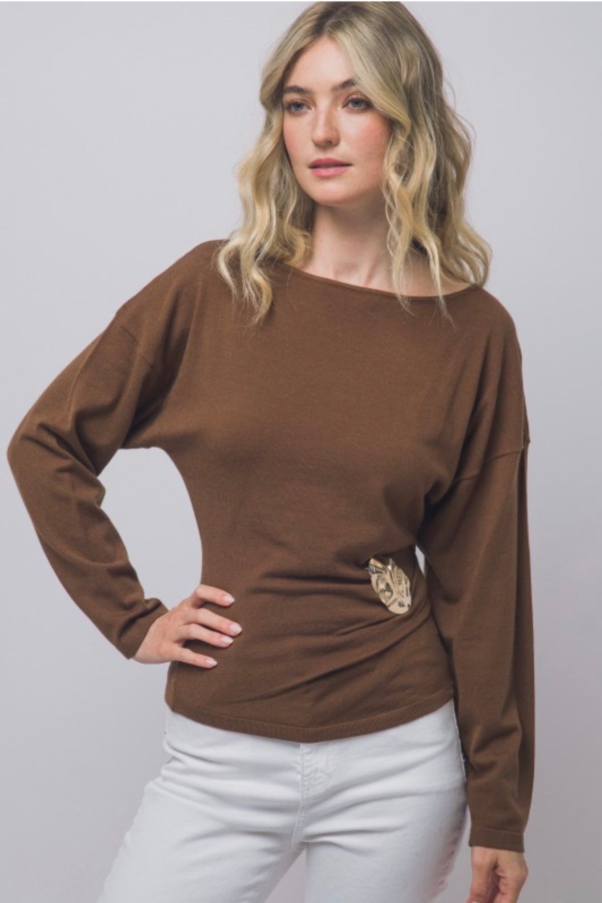 Boat Neck Long Sleeve Ruched with Gold Accent