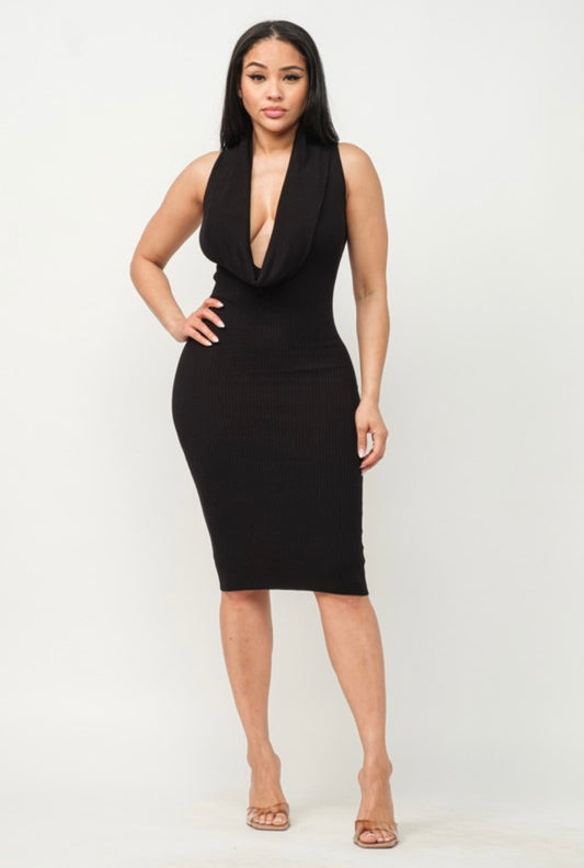 Off the Shoulder Cowl Neck Midi Ribbed Dress