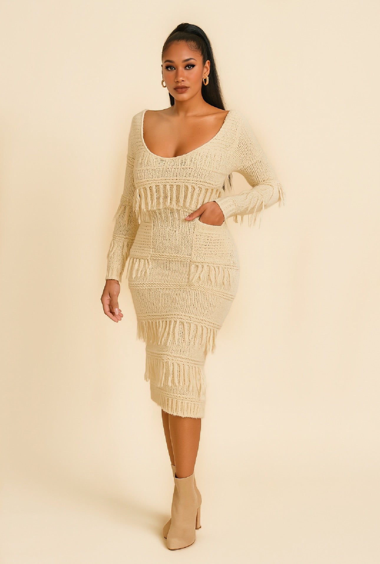 Tassel Crochet Scoop Maxi Sweater Dress