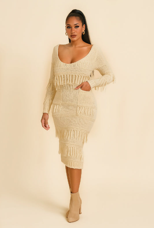 Tassel Crochet Scoop Maxi Sweater Dress