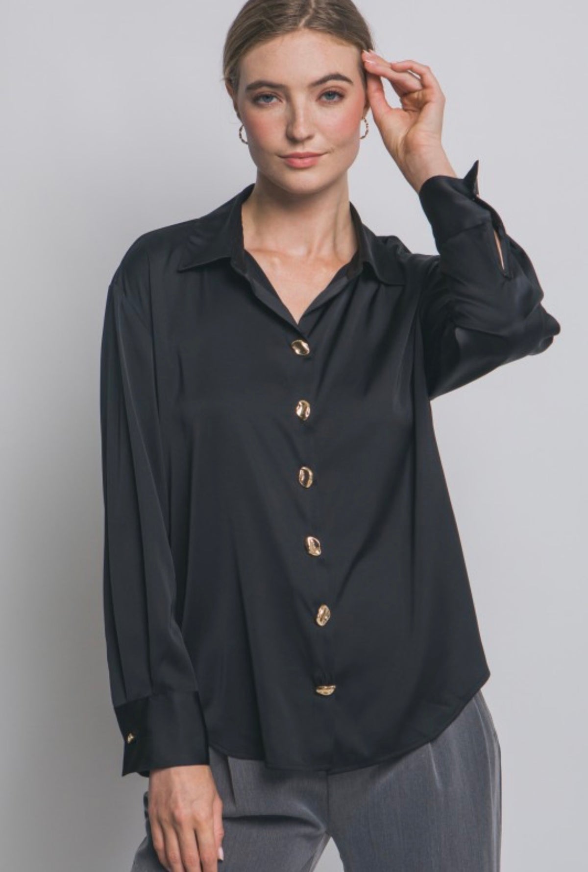 Satin Button Up Blouse with Gold Abstract Buttons