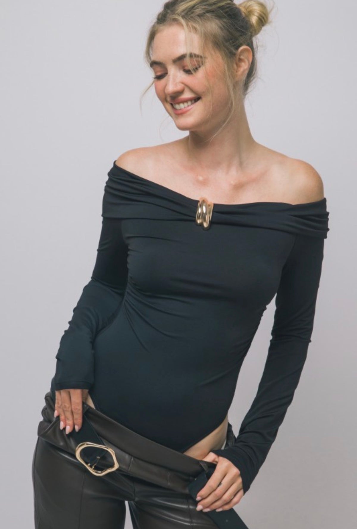 Off-the-Shoulder Front Gold Twist Long Sleeve Bodysuit