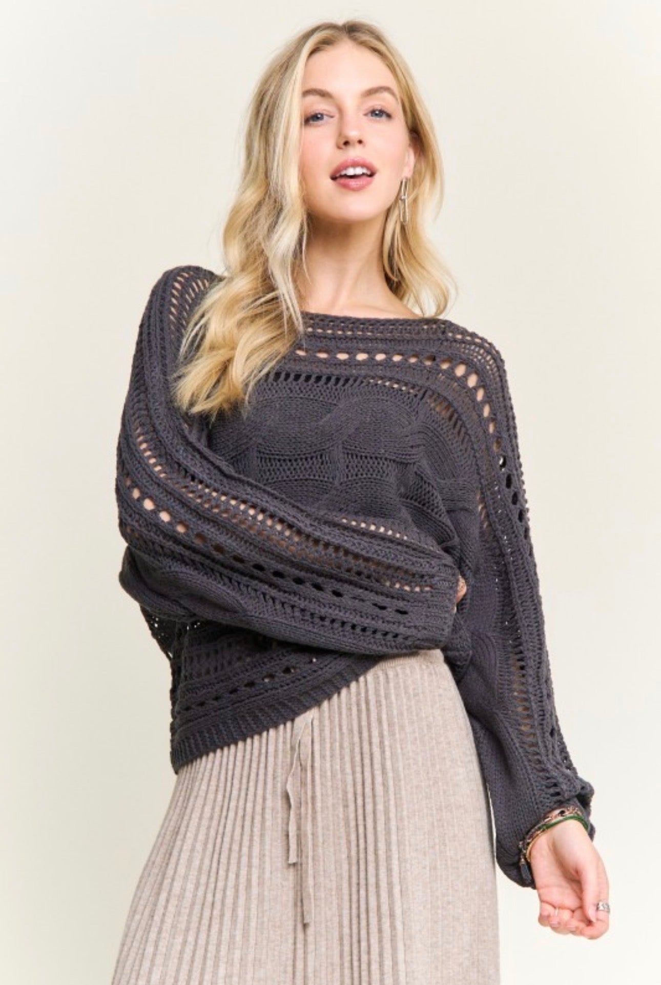 Cable Knit Openwork Long Sleeve Sweater
