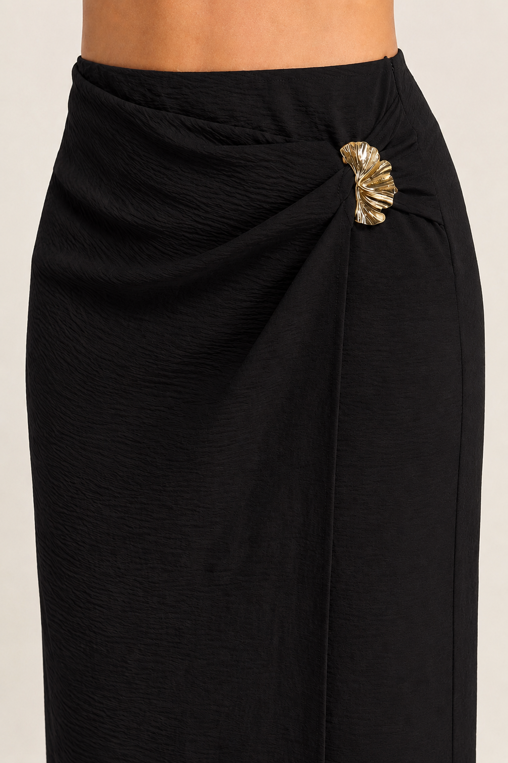 Faux Wrap Midi Skirt with Gold Accent