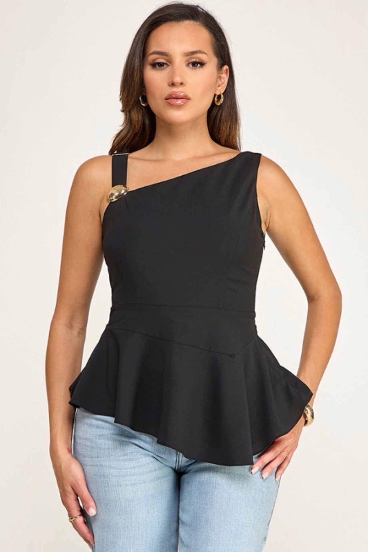 Peplum Top with Gold Accent Shoulder