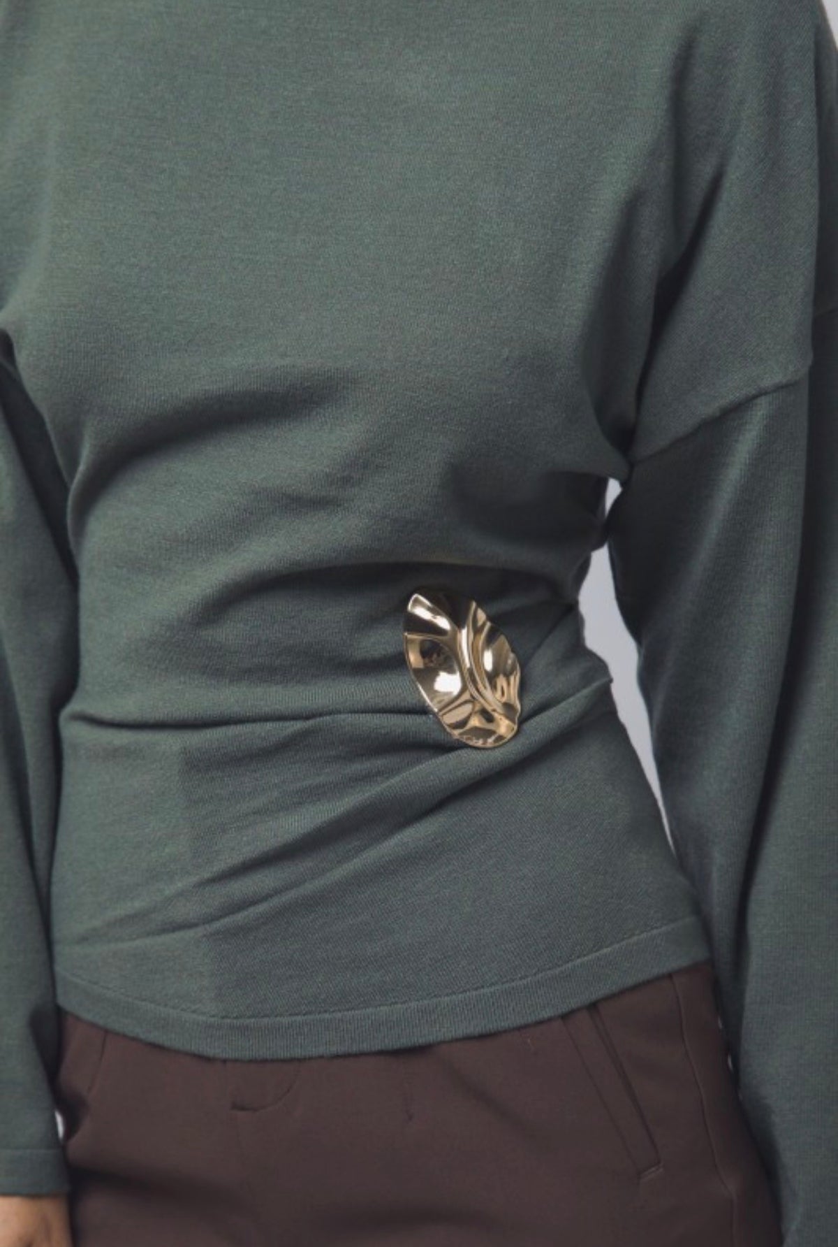 Boat Neck Long Sleeve Ruched with Gold Accent
