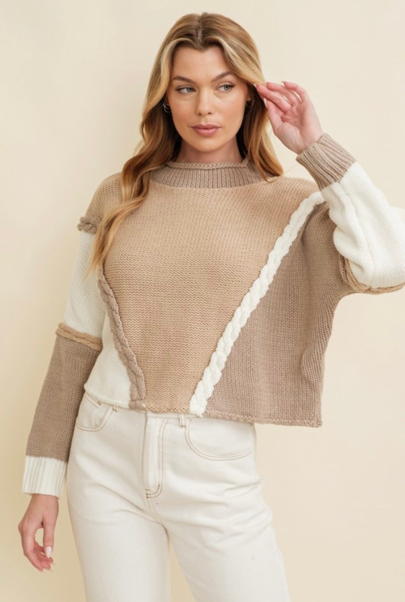 Tri Tone Mock Neck Crop Sweater