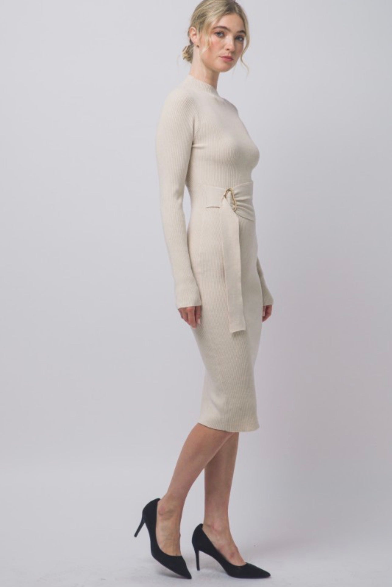 Mock Neck Long Sleeve Sweater Midi Dress with Tie Waist