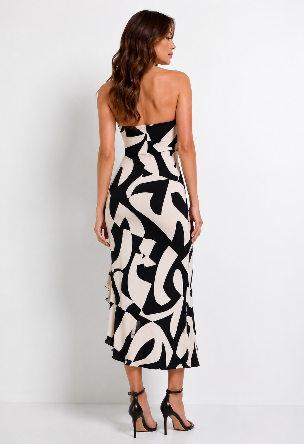 Strapless Abstract Ruffle Slit Maxi Dress