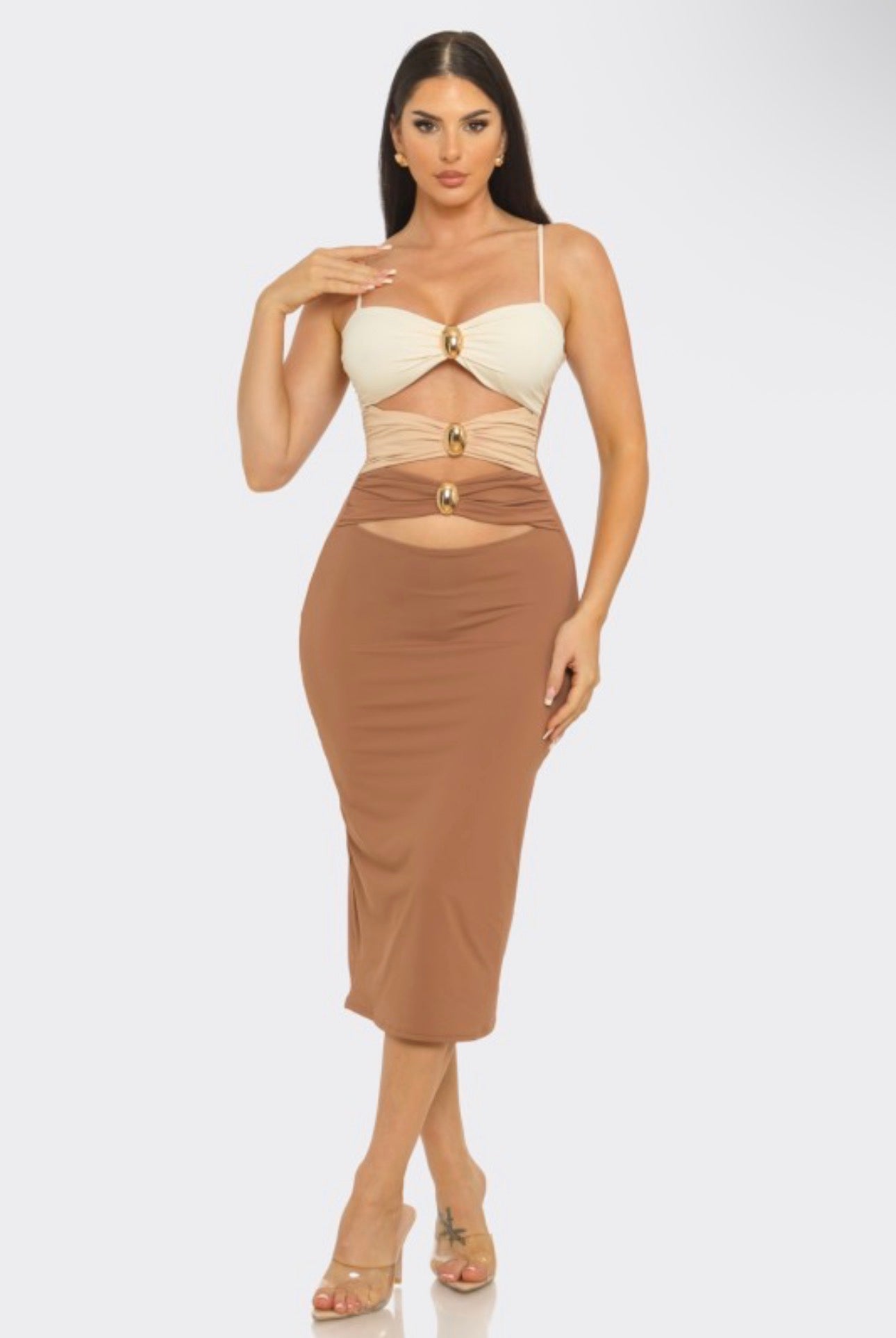 Nude Color Block Midi Dress with Gold Accent