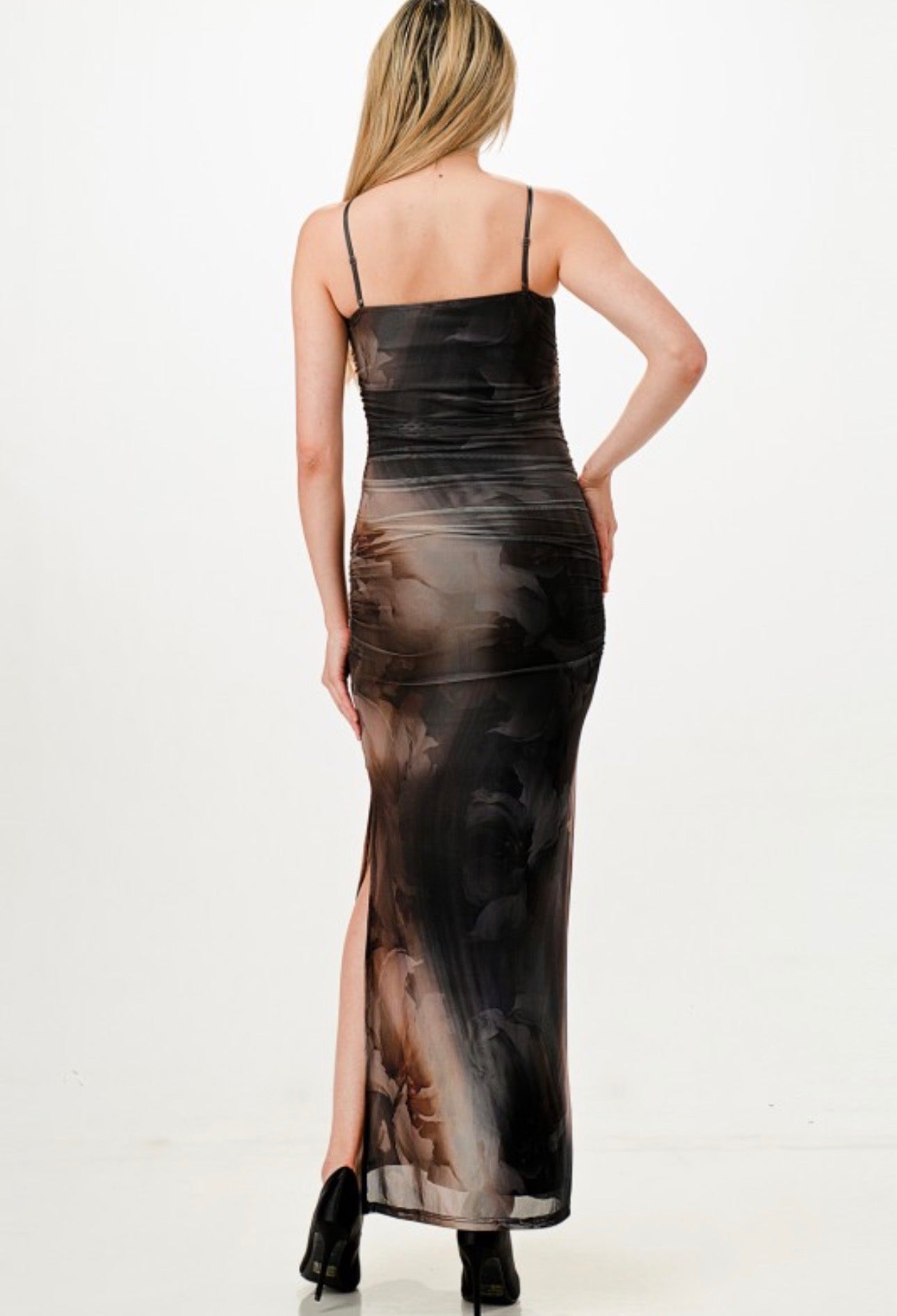 Dark Floral Mesh Scrunch Maxi Dress