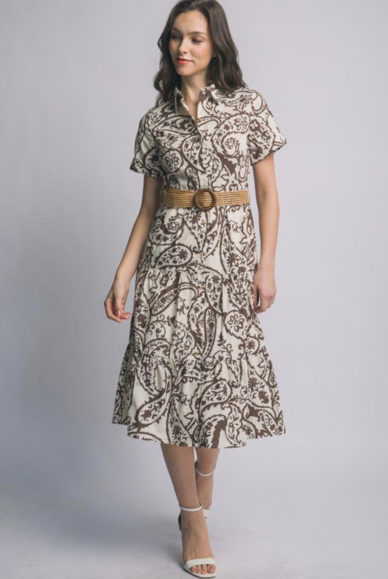 Brown Paisley Short Sleeve Dress with Woven Belt