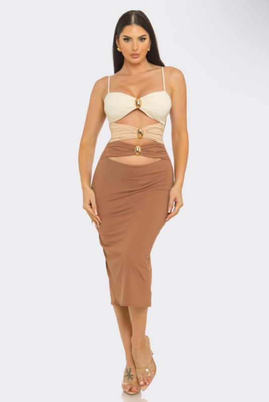 Nude Color Block Midi Dress with Gold Accent