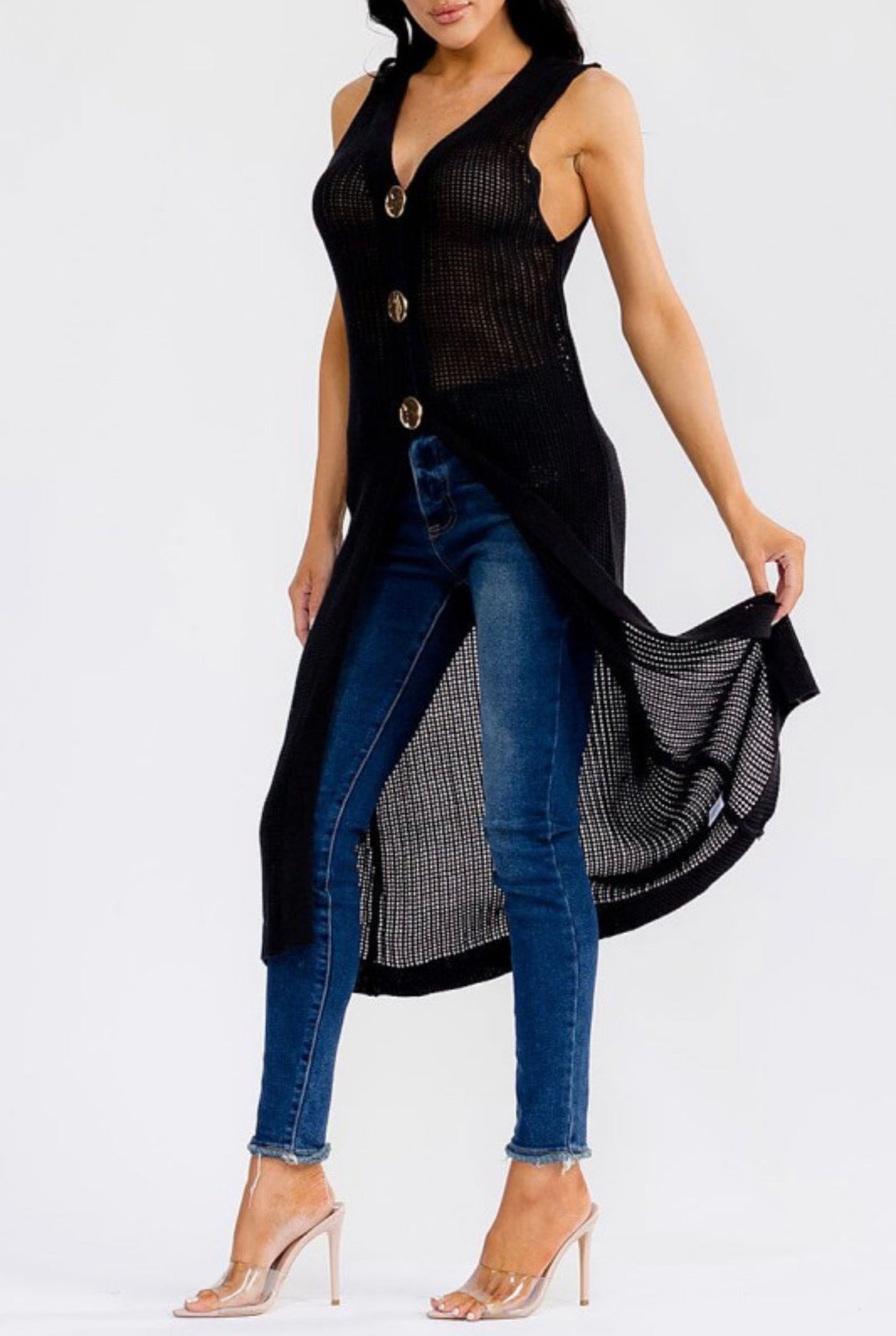 Open Knit Cardigan Vest with Gold Buttons
