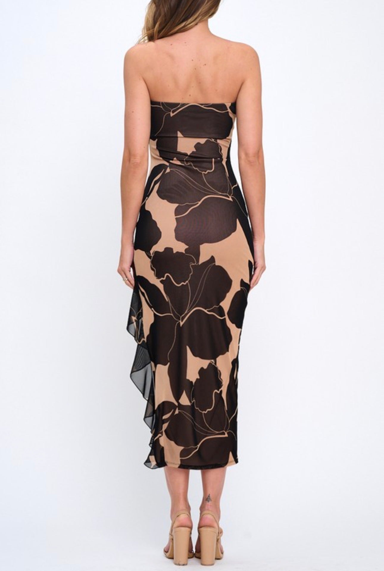 Nude & Black Floral Strapless Ruffle Hem Maxi Dress