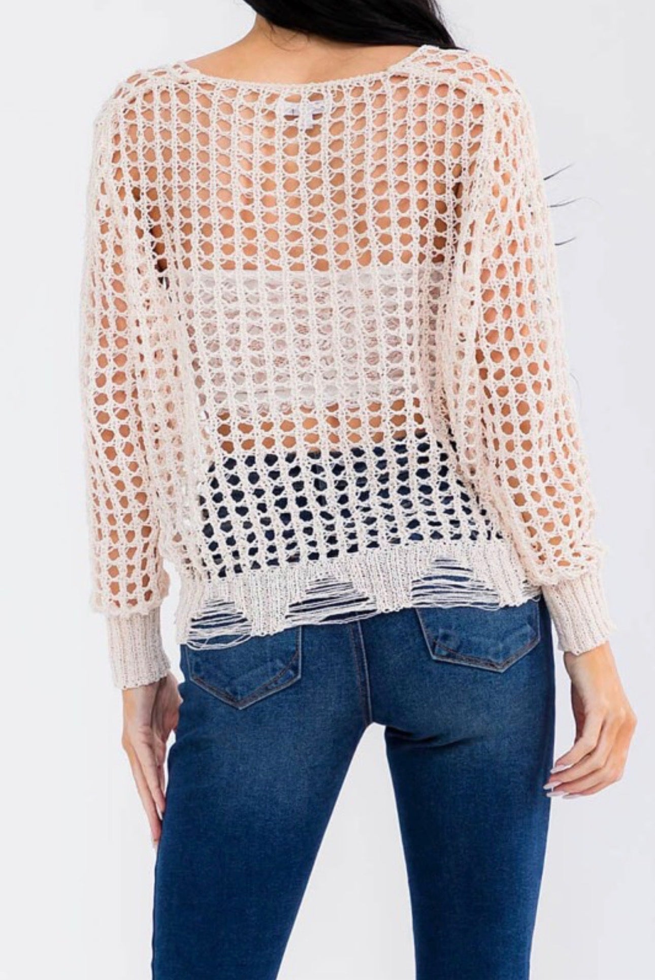 Open Knit Distressed Hem Long Sleeve Top