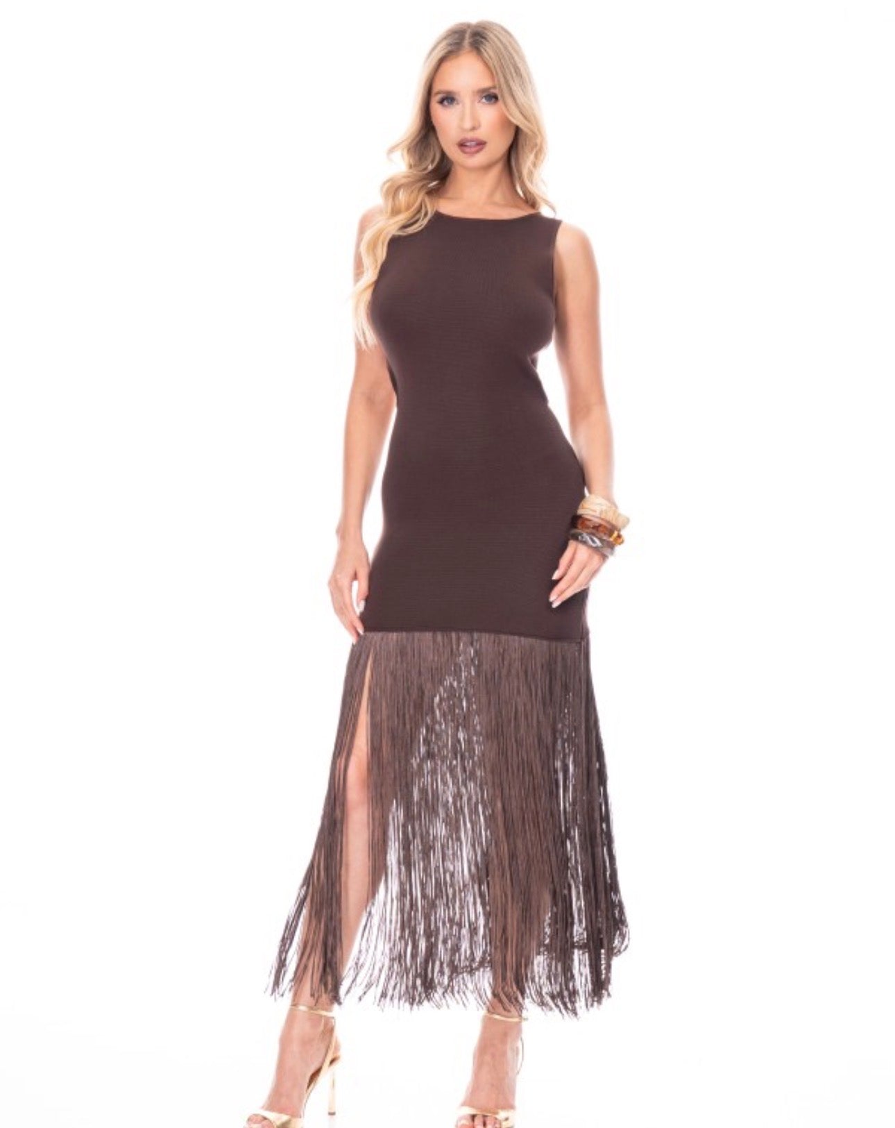 Ribbed Fringe Short Sleeve Sweater Dress