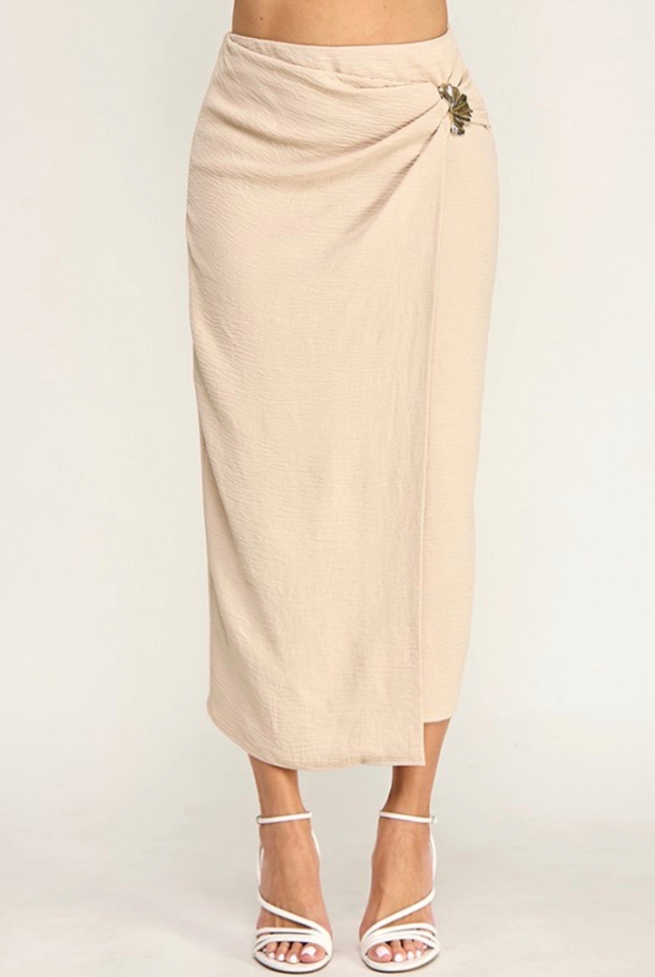 Faux Wrap Midi Skirt with Gold Accent