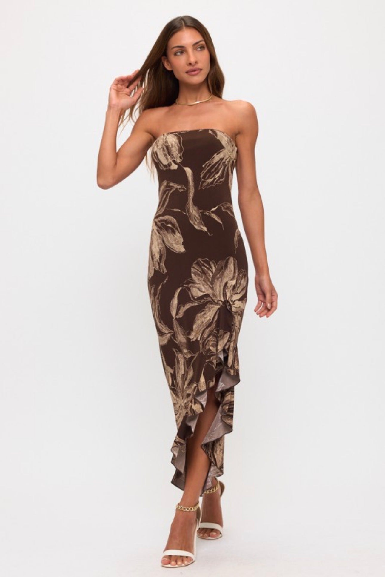 Island Floral Strapless Maxi Dress with Ruffled Hem