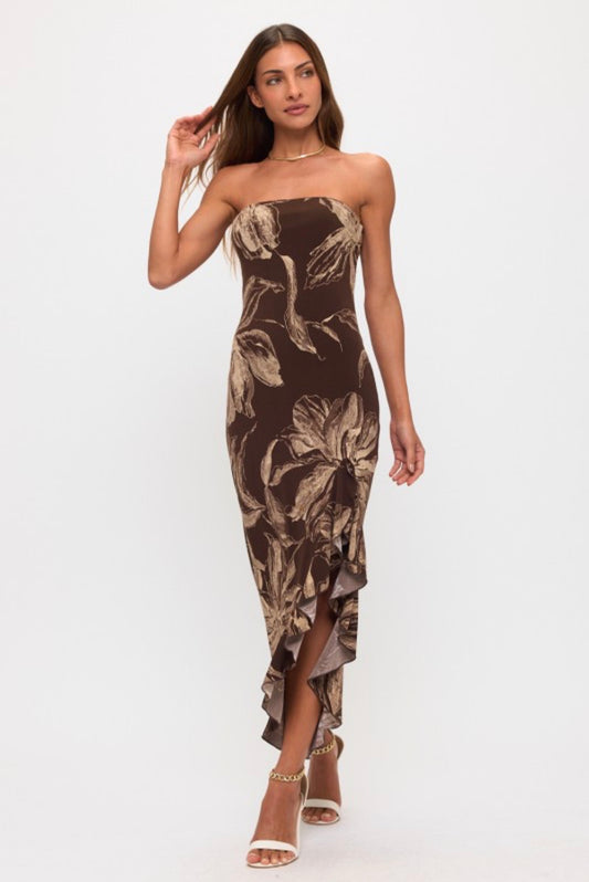 Island Floral Strapless Maxi Dress with Ruffled Hem