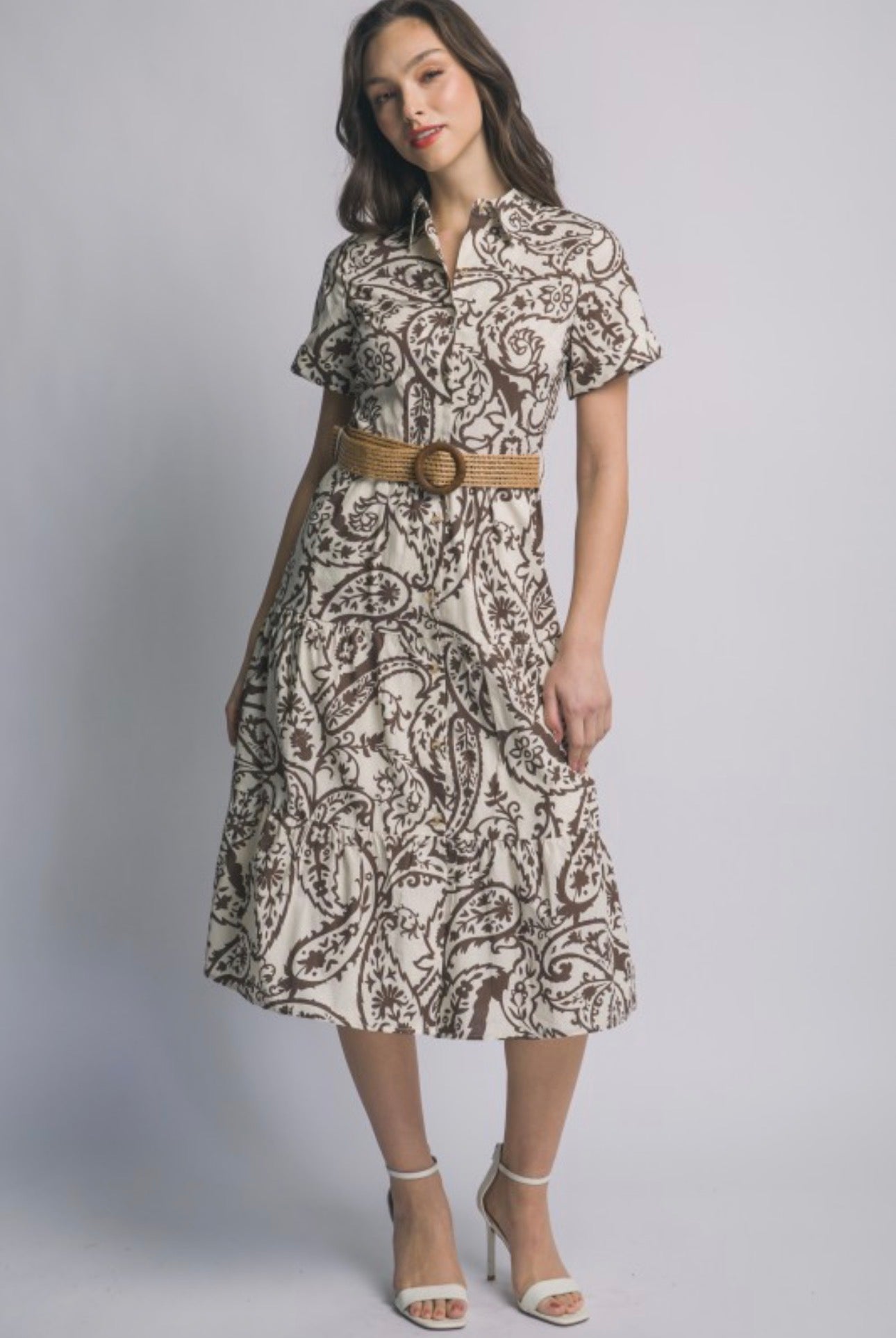 Brown Paisley Short Sleeve Dress with Woven Belt