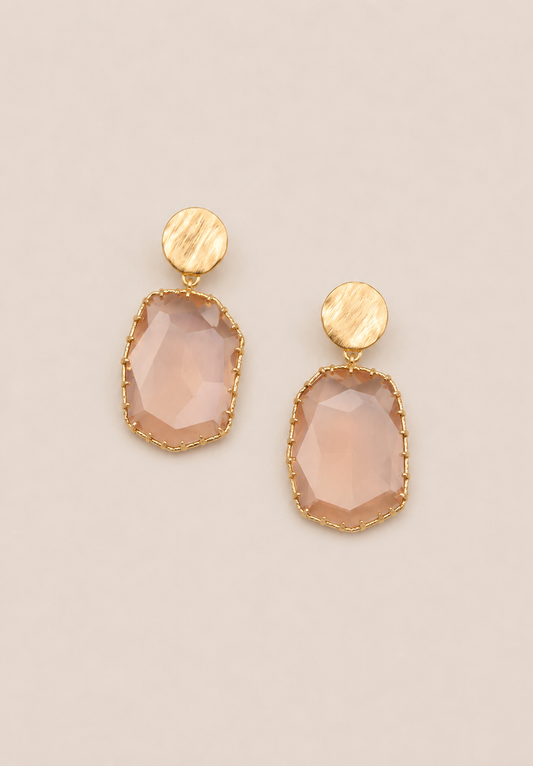 Pink Stone and Gold Circle Dangle Earrings