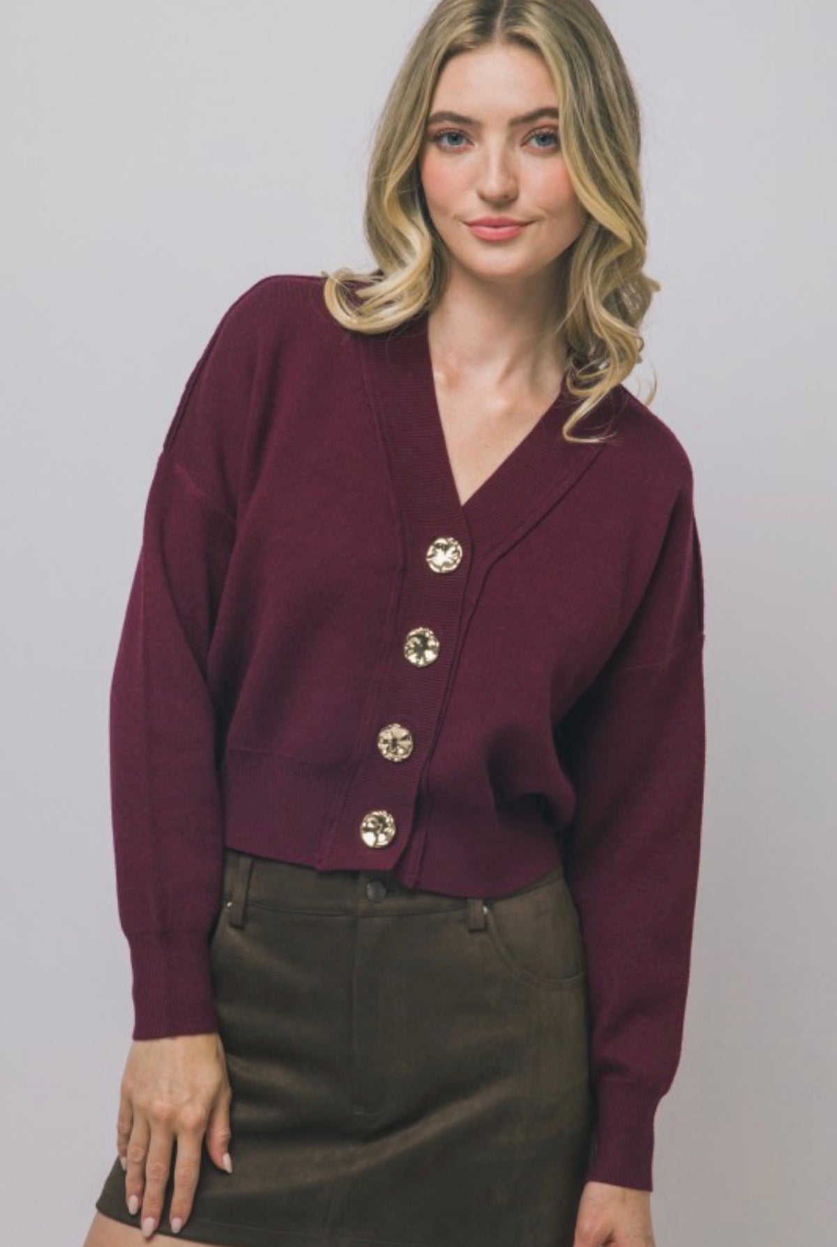 V Neck Cardigan with Gold Abstract Buttons