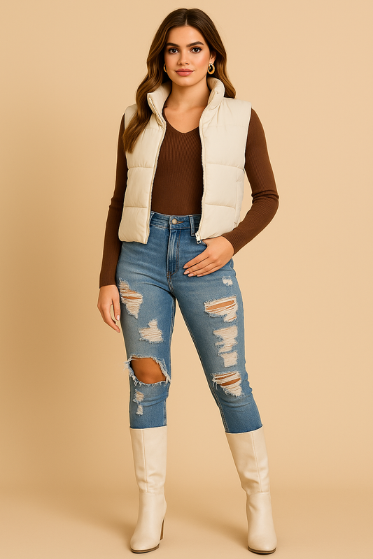 Collared Crop Ribbed Long Sleeve V Neck
