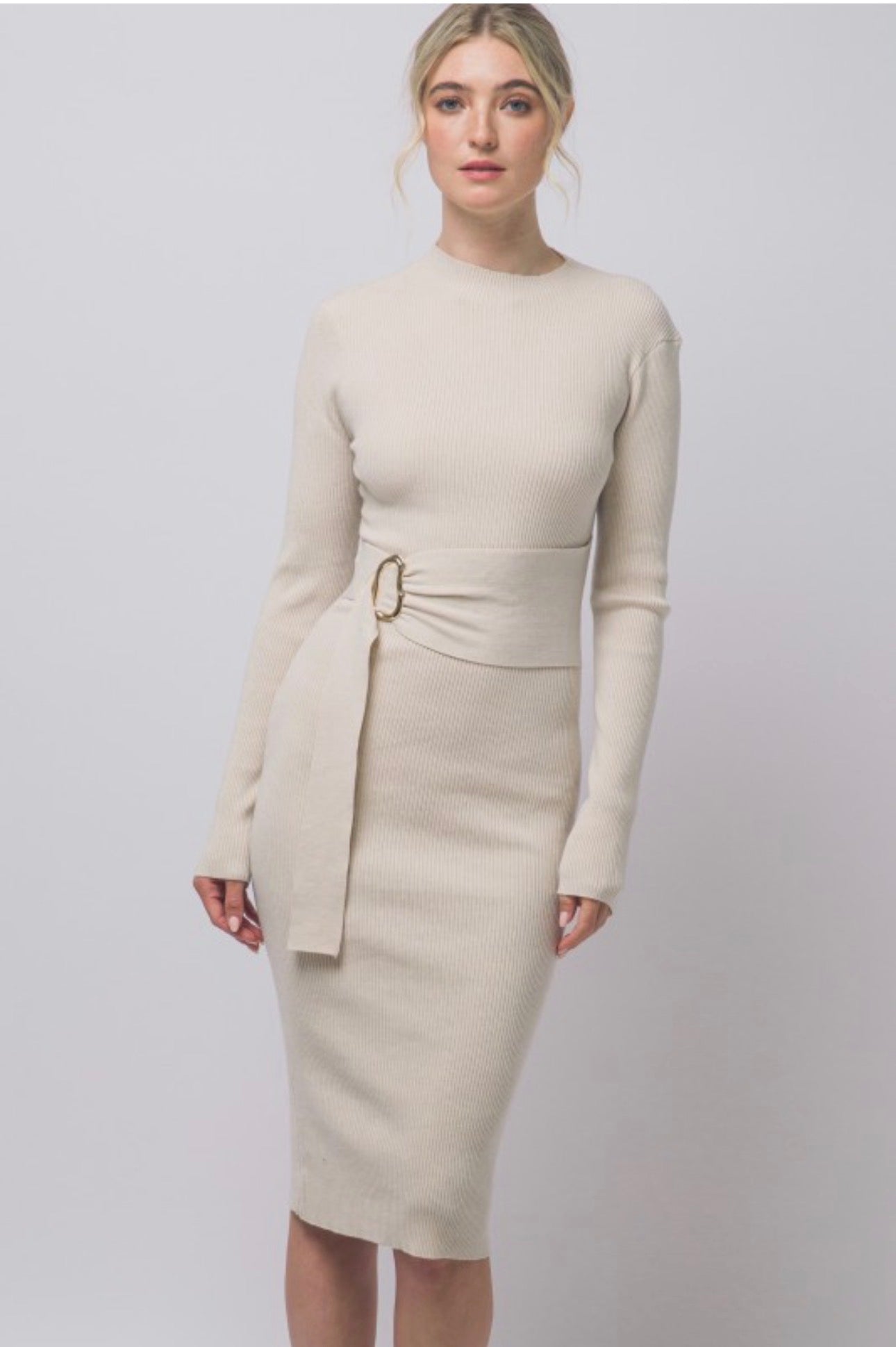 Mock Neck Long Sleeve Sweater Midi Dress with Tie Waist