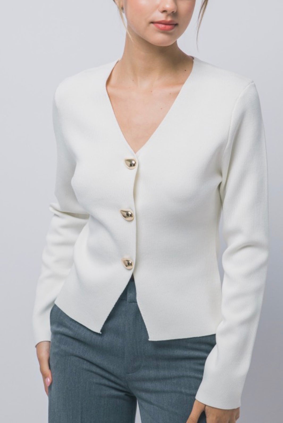 Split Front Ribbed Gold Button Front Cardigan
