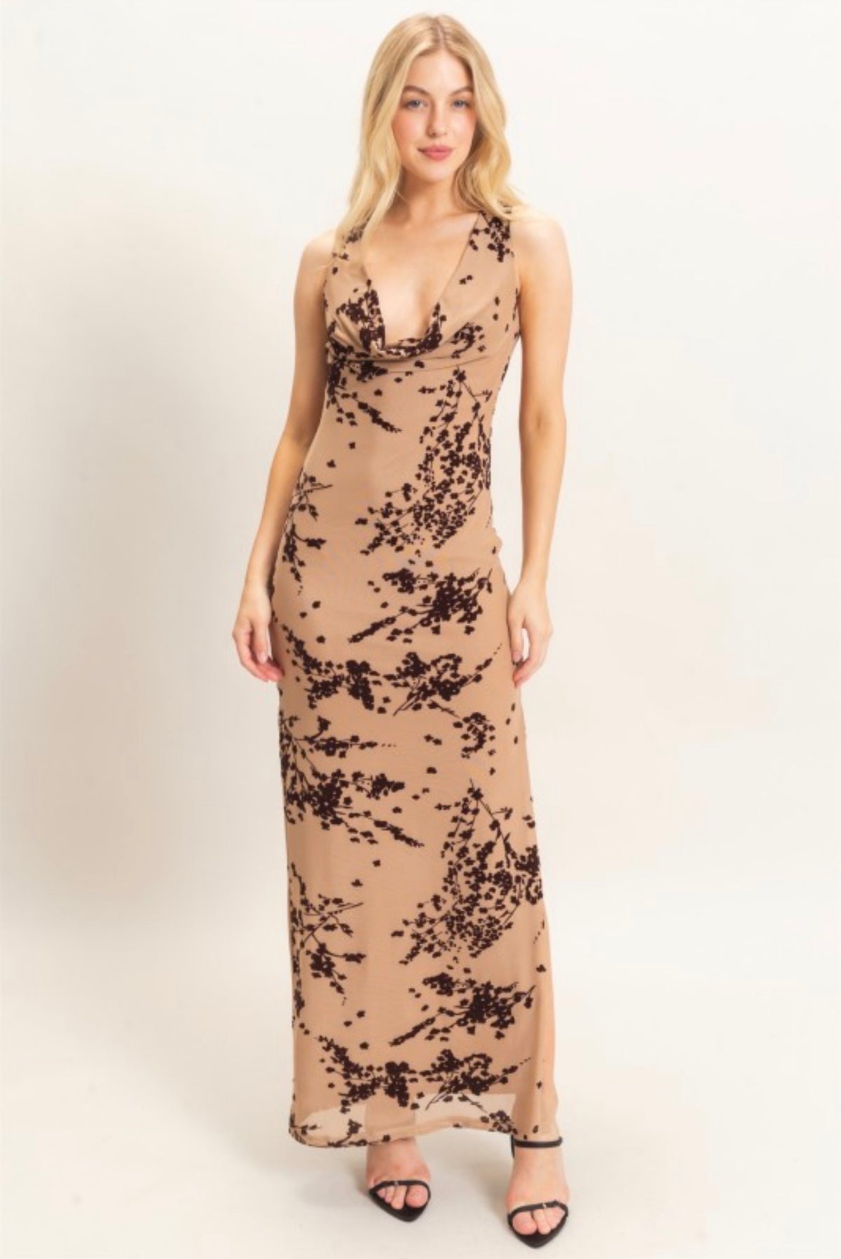 Nude Mesh Velvet Floral Cowl Neck Maxi Dress